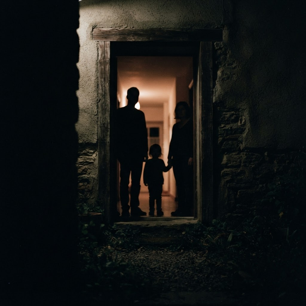 The obscured silhouette of a family backlit in a doorway at night
