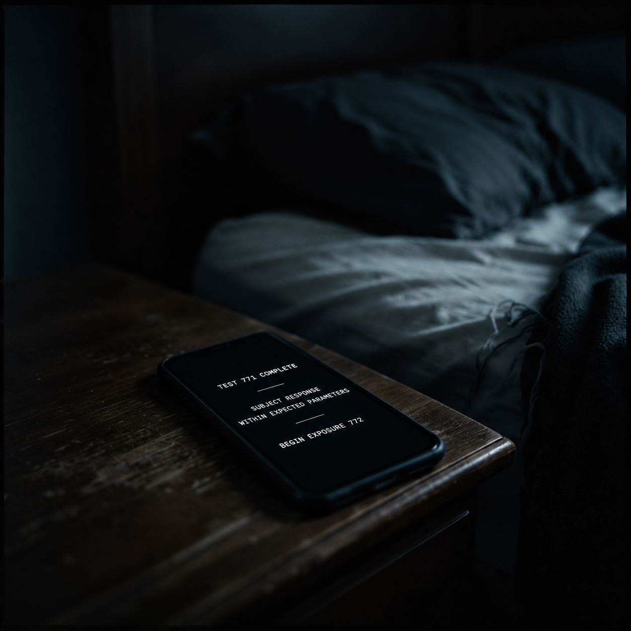 A phone on a nightstand in a dark bedroom, a message glowing on its screen