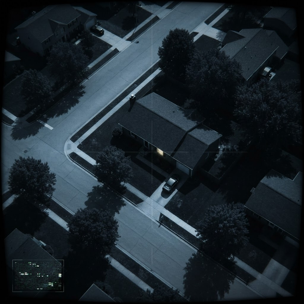 A quiet suburban street seen from directly overhead at night, as if through a monitoring system
